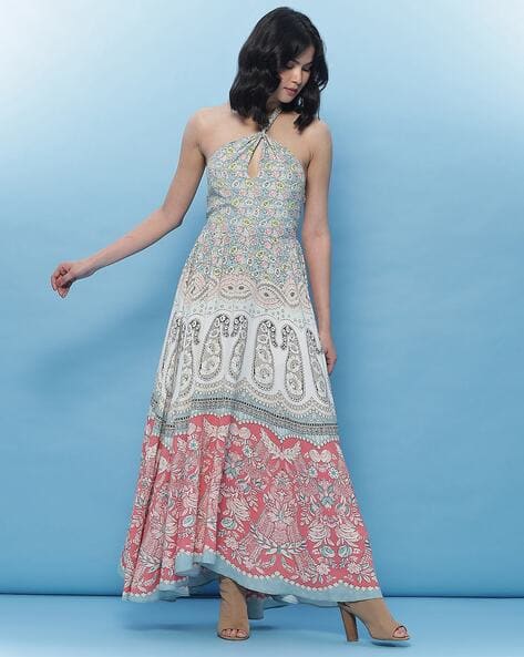 Buy LABEL RITU KUMAR Paisley Print Halter Neck Dress | Blue Color Women |  AJIO LUXE
