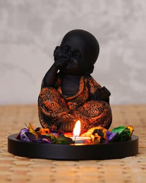 ecraftindia Decorative Smiling Monk Buddha with Wooden Base-picture-14