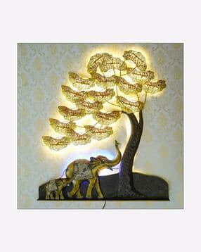 ecraftindia Elephant Family Under Golden Leaves Tree Handcrafted Iron Wall Hanging with background LED-picture-10