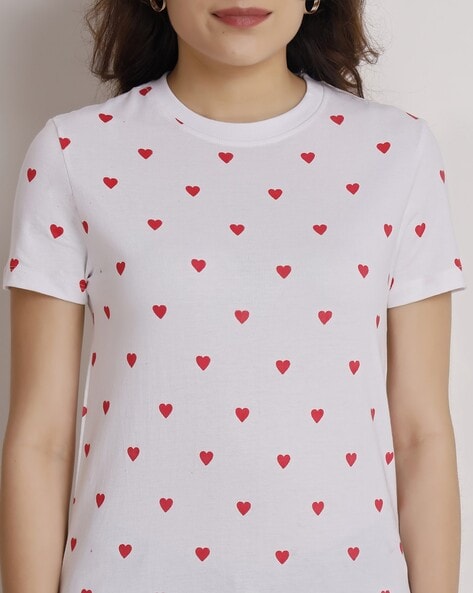 Women Heart Print Regular Fit T Shirt