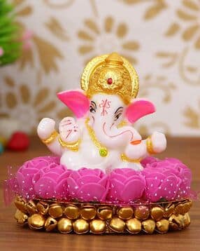 Lord Ganesha Idol on Decorative Handcrafted Plate with Pink Flowers-image-6