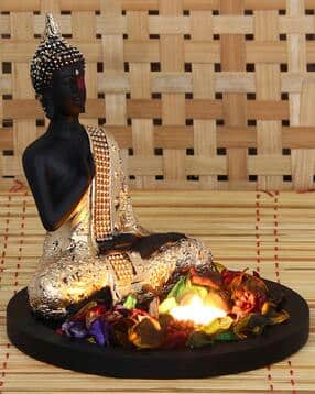 Golden Meditating Buddha Decorative Showpiece with Wooden Base Fragranced Petals &  Tealight-image-2