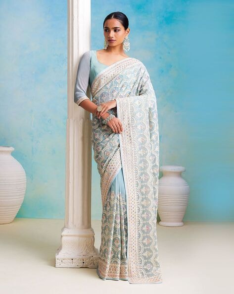 Buy Soch Blue Embroidered Poly Georgette Saree - Sarees for Women 7470954 |  Myntra