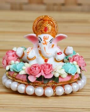 ecraftindia Lord Ganesha Idol on Decorative Handcrafted Plate with Colorful Flowers-picture-8