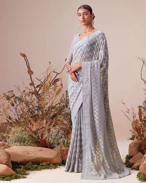 soch grey traditional embroidered georgette saree with border