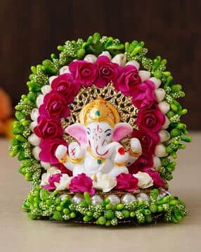 ecraftindia Lord Ganesha Idol on Decorative Handcrafted Green Floral Plate for Home & Car-picture-18