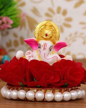Lord Ganesha Idol on Decorative Handcrafted Plate with Red Flowers-image-49