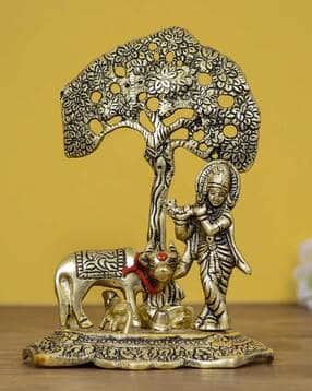 Lord Krishna Playing Flute under Tree with Golden Cow & Calf Showpiece