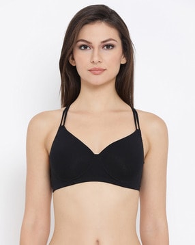 Cotton Lightly Padded Demi Cup Non-Wired Plunge Bra