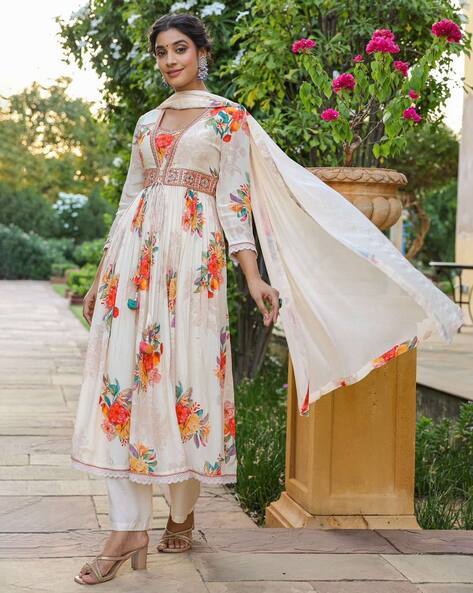 Women Floral Print Flared Kurta Pants Set with Dupatta