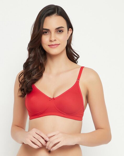 Buy Clovia Cotton Non-Padded Non-Wired Full Cup Bra & Low Waist Bikini Panty  - Red online
