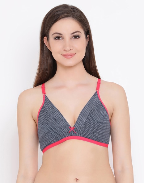 Buy Cotton Non-Padded Non-Wired Printed Plunge Bra In Blue Online