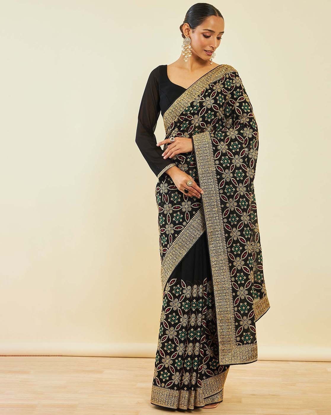 Buy online Women's Bordered Black Colored Saree With Blouse from ethnic  wear for Women by Soch for ₹3019 at 45% off | 2024 Limeroad.com