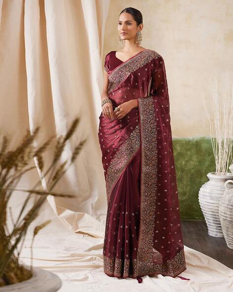 Sequins Embroidered Chiffon Saree With Scallop Borders