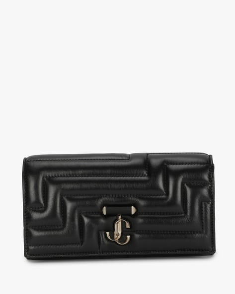 【Jimmy Choo】レディース チェーン付きアベニューウォレット AVENUE WALLET/CHAIN | Black Leather Wallet with Pearl Strap