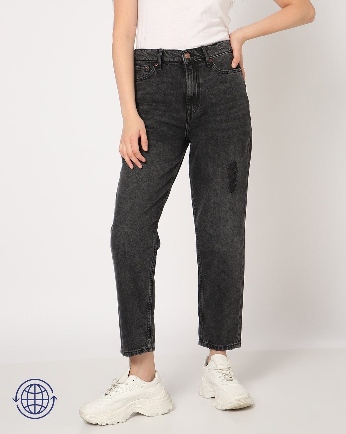 Women Dark Wash Mid Rise Tapered Fit Non-Stretchable Jeans