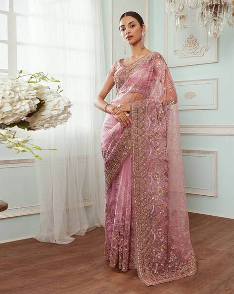 Onion Pink Tussar Silk Saree With Floral Print And Zari Woven Designs at  Soch