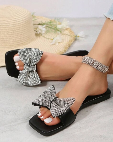 Women Embellished Slip On Flat Sandals with Bow Accent