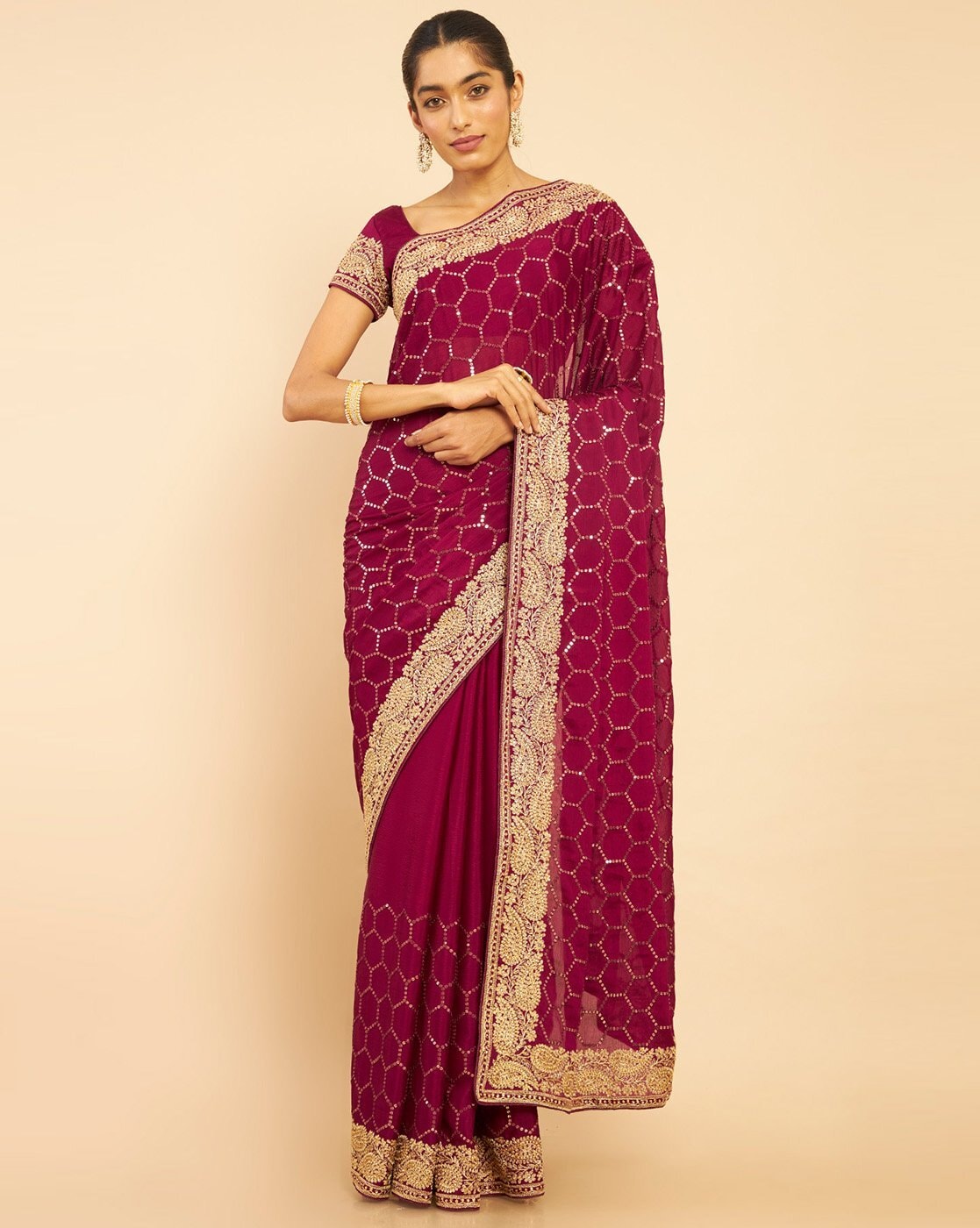 Buy Wine Chiffon Saree With Round And Oval Stone Embellished Motifs Online  at Soch India