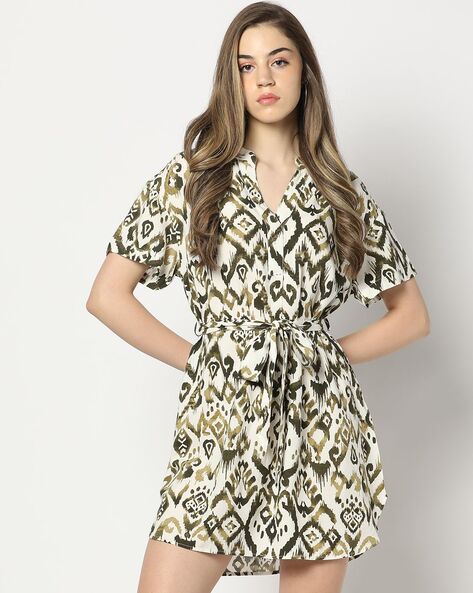 Women Printed Shirt Dress with Waist Tie-Up
