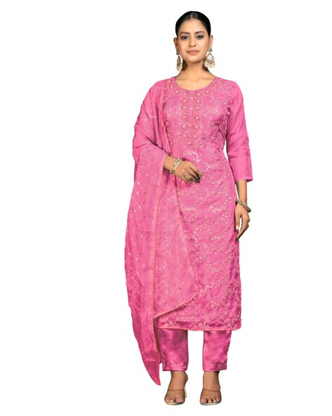 Embroidered 3-Piece Unstitched Dress Material Price in India