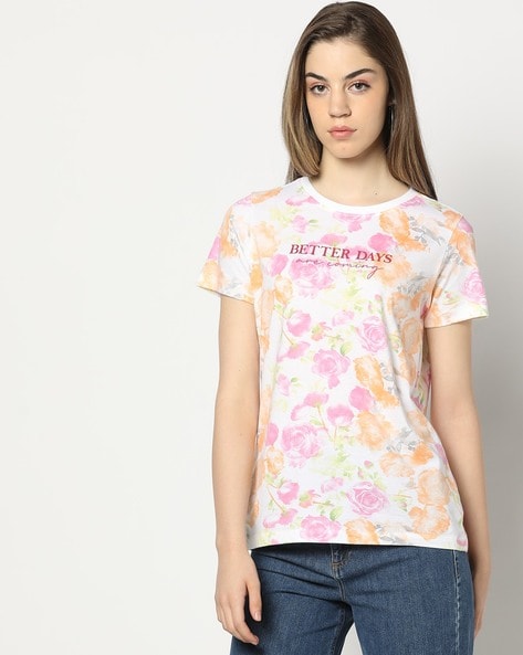 Women Floral Print Relaxed Fit Crew-Neck T-Shirt