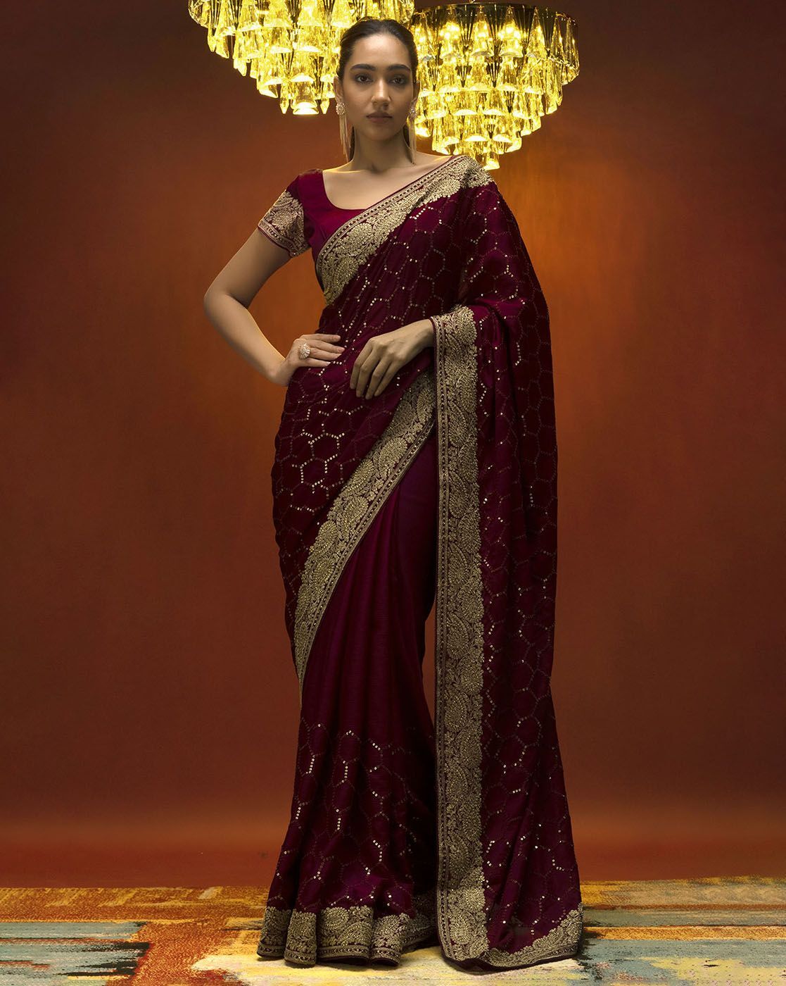 Buy Wine Chiffon Saree With Round And Oval Stone Embellished Motifs Online  at Soch India
