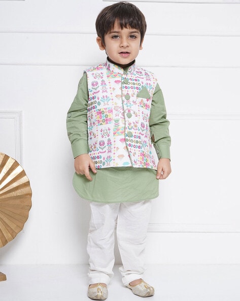 Boys Kurta Pyjamas Set with Floral Print Waistcoat