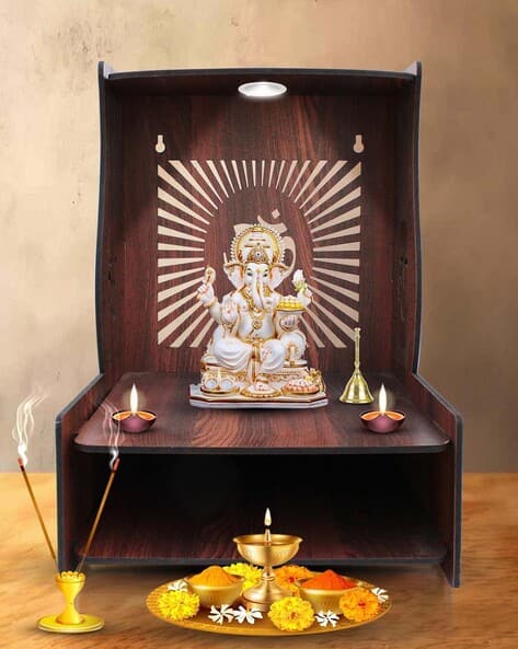 Olive Tree® Wooden Pooja Mandir for Home and Office Wall Shelf Wall Mounted with LED Spot Light