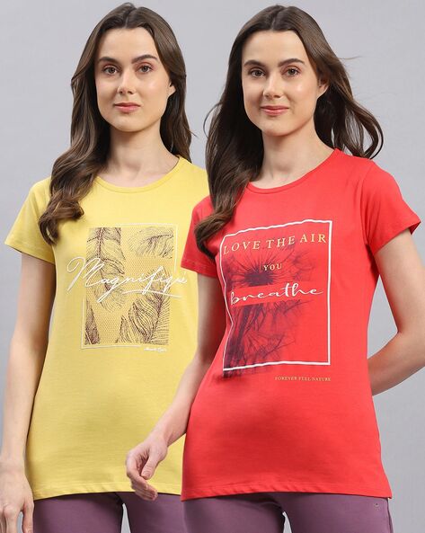 MONTE CARLO Pack of 2 Women Regular Fit Typographic Printed Tops