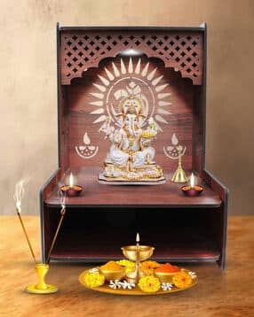 Wooden Pooja Mandir Wall Mounted Shelf with LED Spot Light-image-2