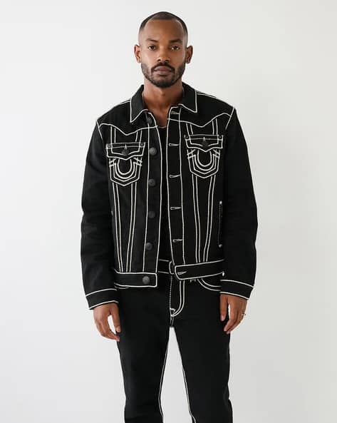 Embroidered Regular Fit Denim Jacket with Flap Pockets