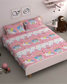 210 TC Printed Fitted Double Bedsheet with Pillow Covers-image-28
