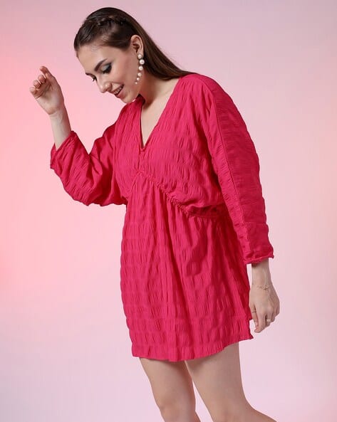 Women V Neck Long Sleeves Fit Flare Midi Dress