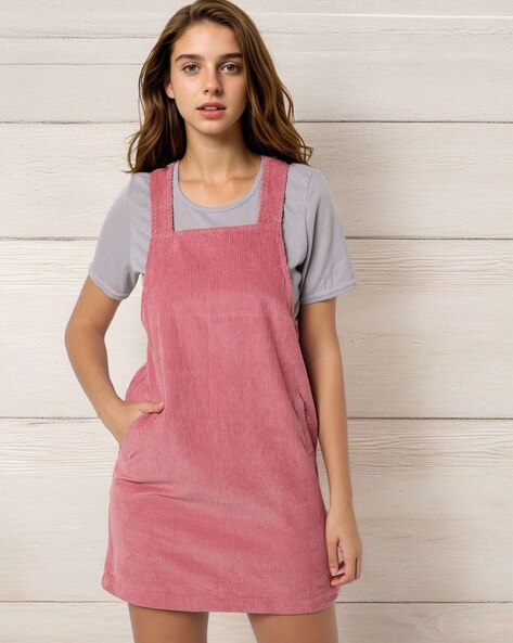 Striped Dungaree Dress with Slip-Pockets