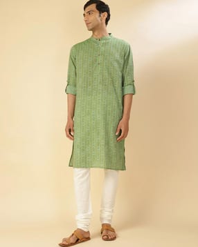 fabindia Men Fitted Long Kurta with Mandarin Collar-picture-12