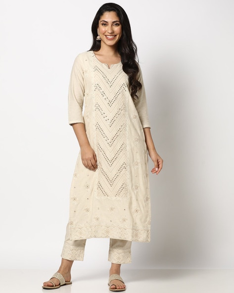 Women Embellished Straight Kurta with Pants Price in India