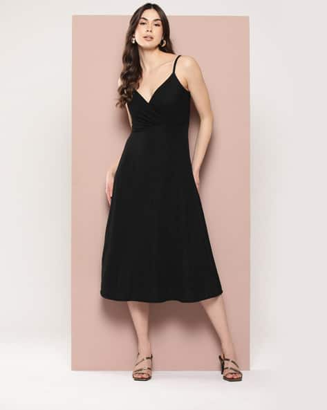slim fit dress slacks Indigo Cotton Denim V-Neck Fit and Flare Midi Dress 38