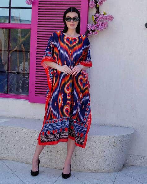 Women Ikat Print Round-Neck Kaftan