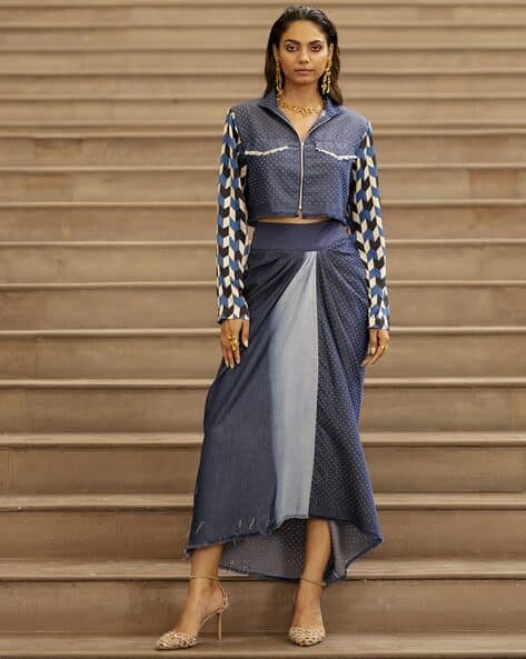 Denim Blue Stitched Denim Jacket &Skirt