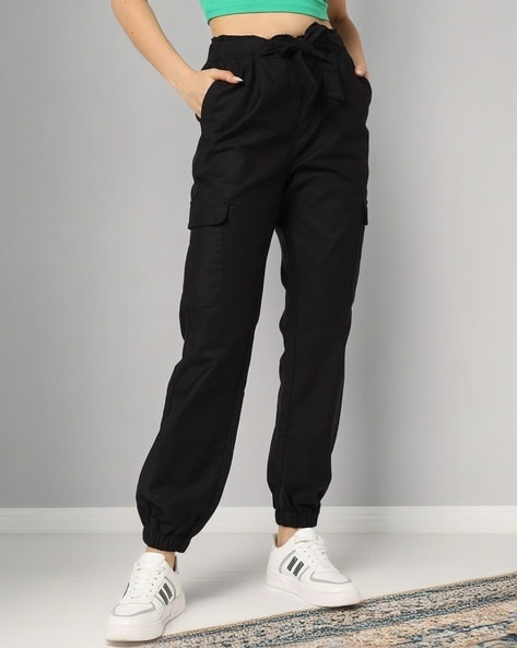 Buy AOWEER Womens High Waisted Cargo Pants Pockets Casual Loose Combat  Twill Trousers Girls # Black M at Amazon.in