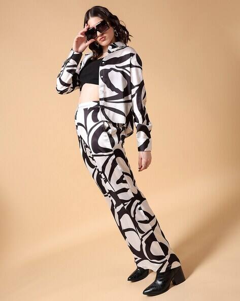FREEHAND Women Printed Regular Fit Shirt & Flared Trousers Set