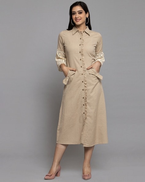 Women Shirt Dress with Spread-Collar