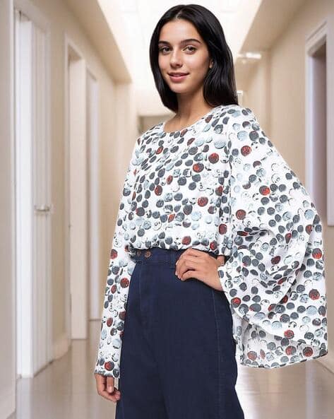 ISCENERY BY VERO MODA Printed Round-Neck Top with Bell Sleeves