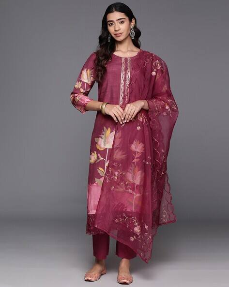 Varanga Women Floral Print Straight Kurta with Pants & Dupatta