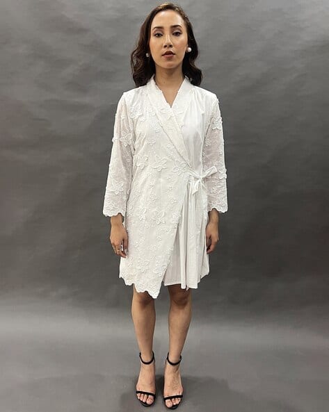 Women Wrap Dress with Floral Appliques