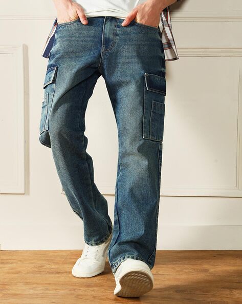 Men Acid Wash Relaxed Fit Cargo Jeans