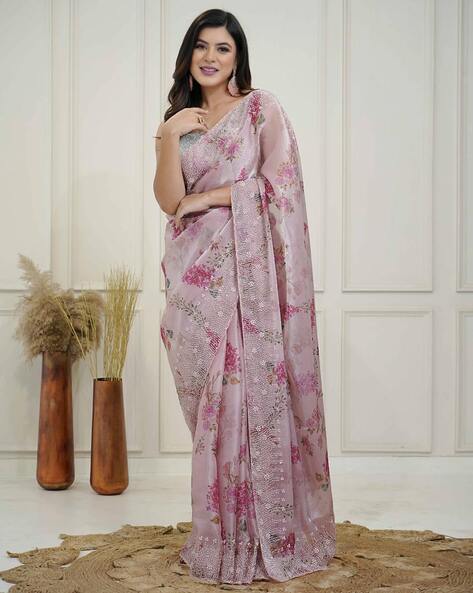 Swtantra Grey Organza Floral Print Saree