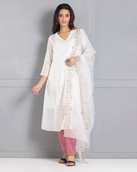 Women Embroidered A-Line Kurta & Pants with Dupatta Price in India