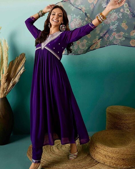 Women Embroidered Flared Kurta Suit  Set Price in India